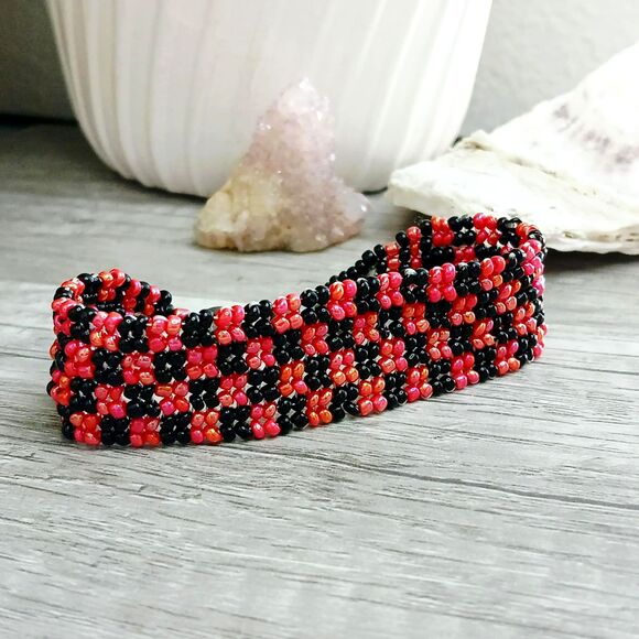 Hematite Gemstone Beaded Checker Bracelet, Adjustable Seed Bead Bracelet - Picture 6 of 11